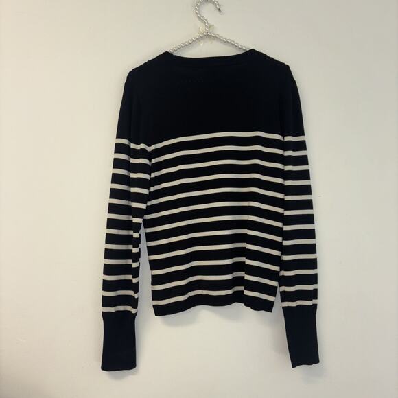 Express Sz Lg Nautical Boating Black White Striped Coastal Basic Sweater Crew - Picture 6 of 9